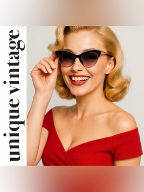 Unique Vintage 1950s Black & Silver Half Rimmed Cat Eye Retro Sunglasses, NEW!